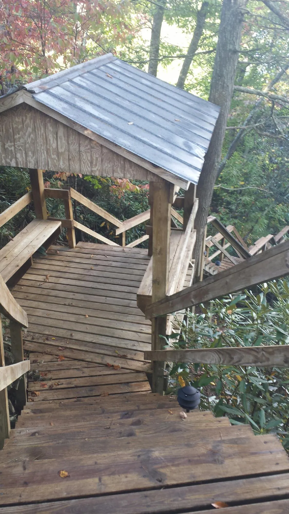Metal roofed shelter over wooden steps on a wooded walkway — Skylight Repair & Installation work by our crew in Bala Cynwyd